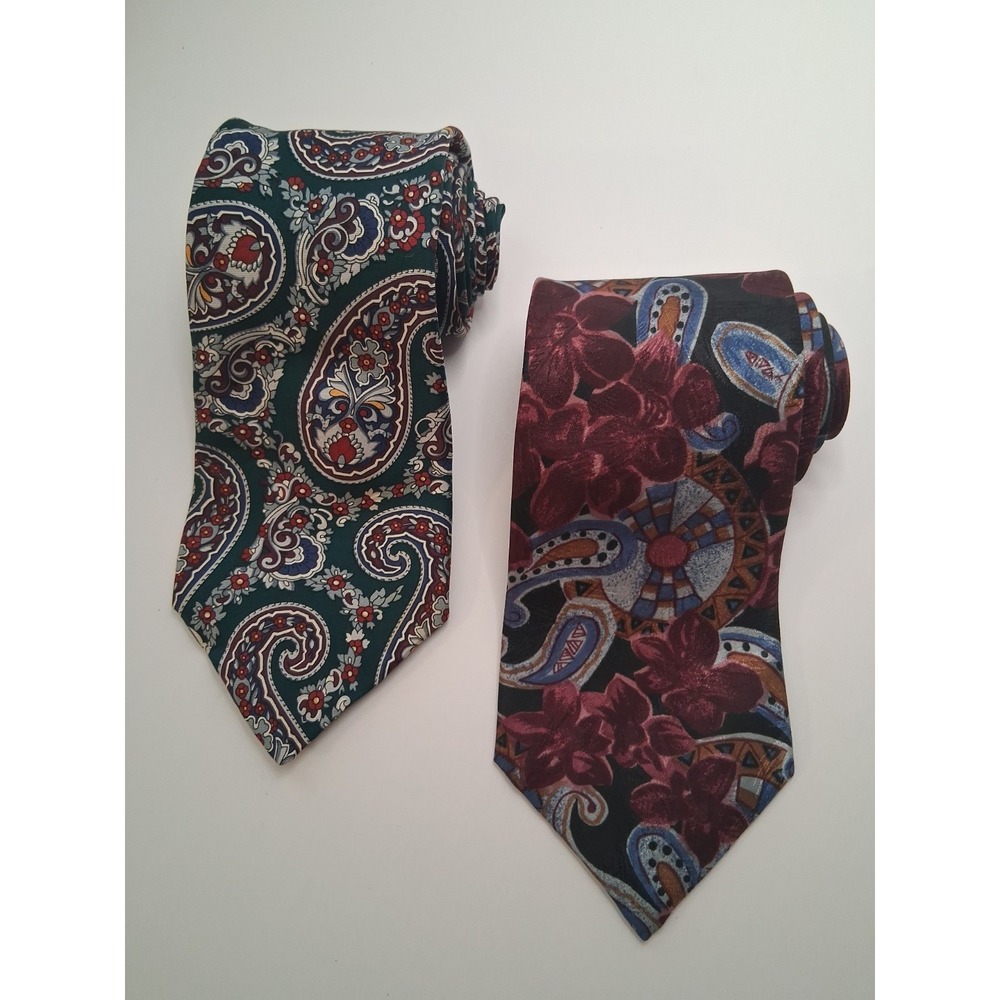 Lot of 2 Floral Paisley Neckties 58"x4" Towncraft Poly & Green Stafford Silk